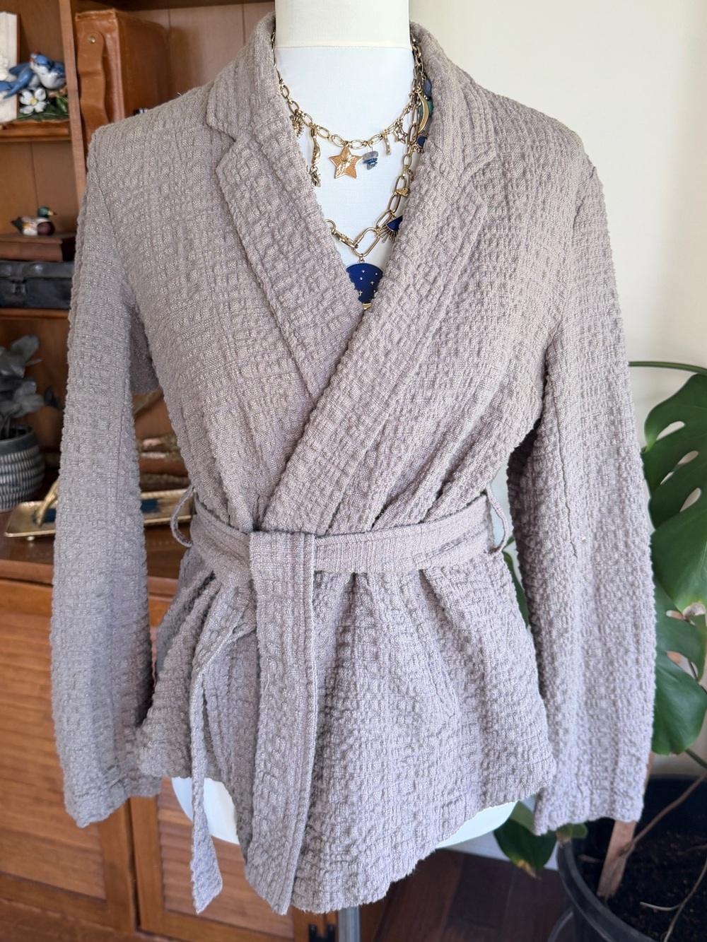 Free People Textured Wrap Tie Jacket in Taupe S